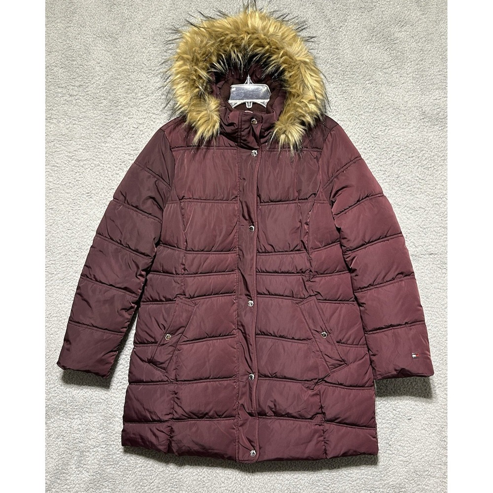 Tommy Hilfiger Womens Large Faux Fur Hooded Full Zip Puffer Jacket Parka